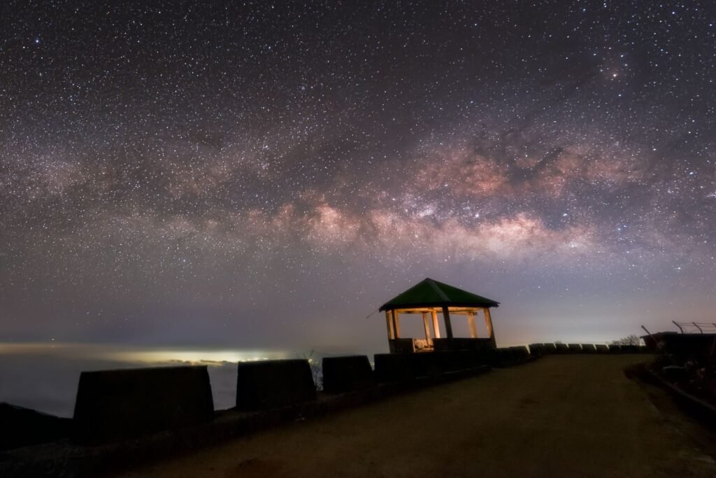 Beautiful starry night over a mountain gazebo in Himachal Pradesh, India.